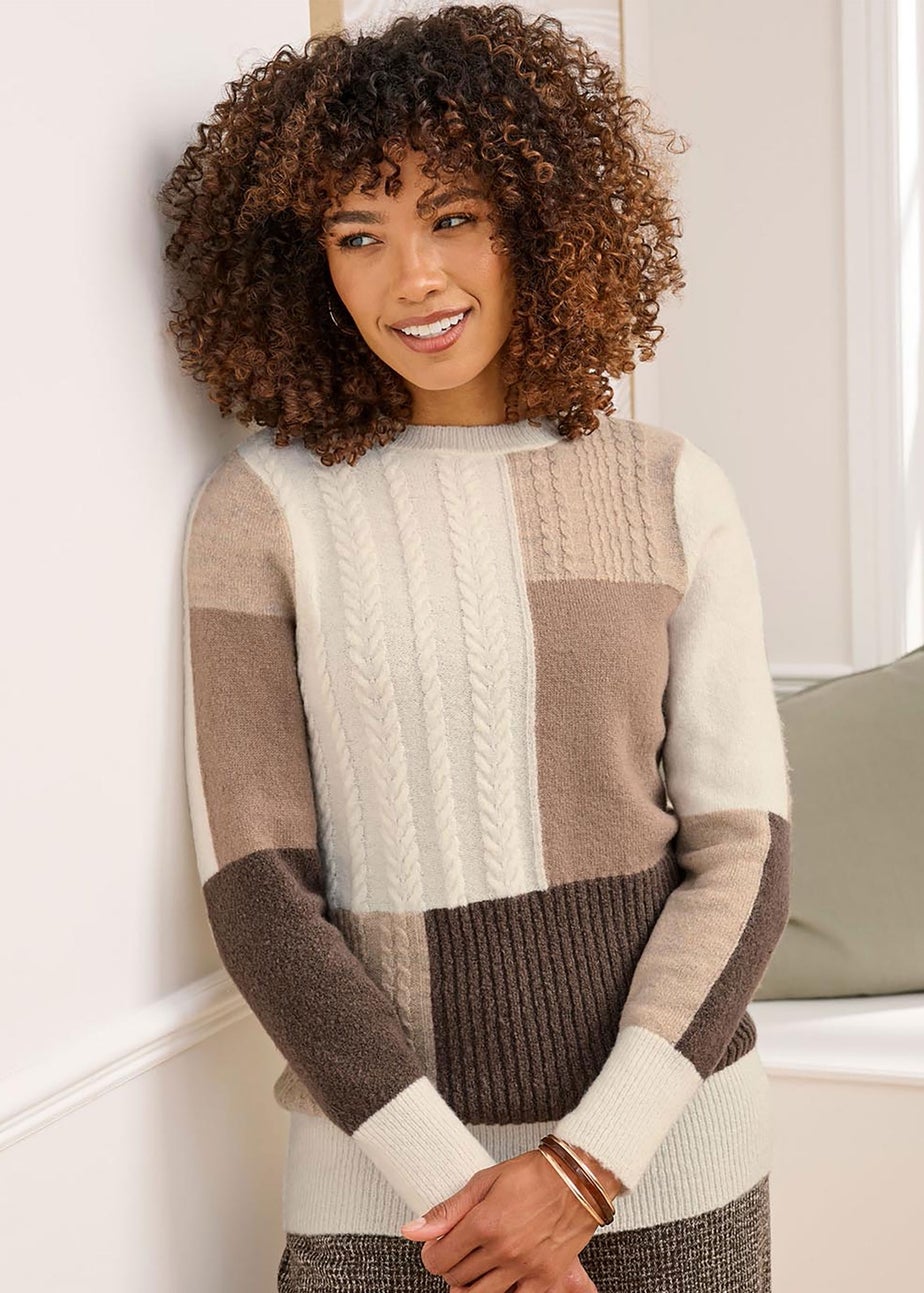Cotton Traders Dark Chestnut Patchwork Crew Neck Jumper