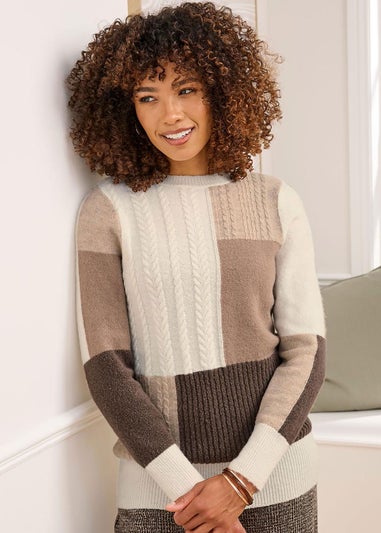 Cotton Traders Dark Chestnut Patchwork Crew Neck Jumper
