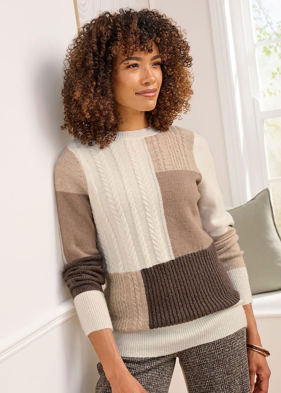 Cotton Traders Dark Chestnut Patchwork Crew Neck Jumper