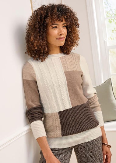 Cotton Traders Dark Chestnut Patchwork Crew Neck Jumper