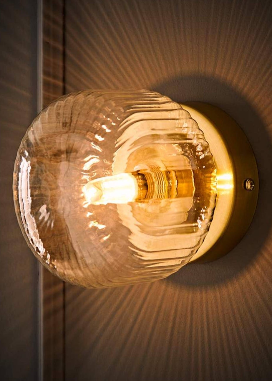 ValueLights Calpe Brushed Gold Flush Wall Light Ribbed Clear Shade