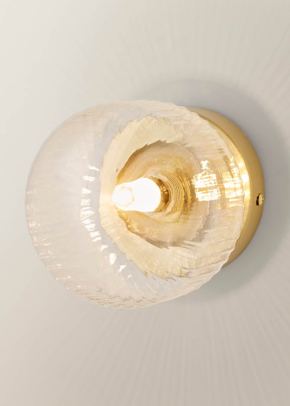 ValueLights Calpe Brushed Gold Flush Wall Light Ribbed Clear Shade