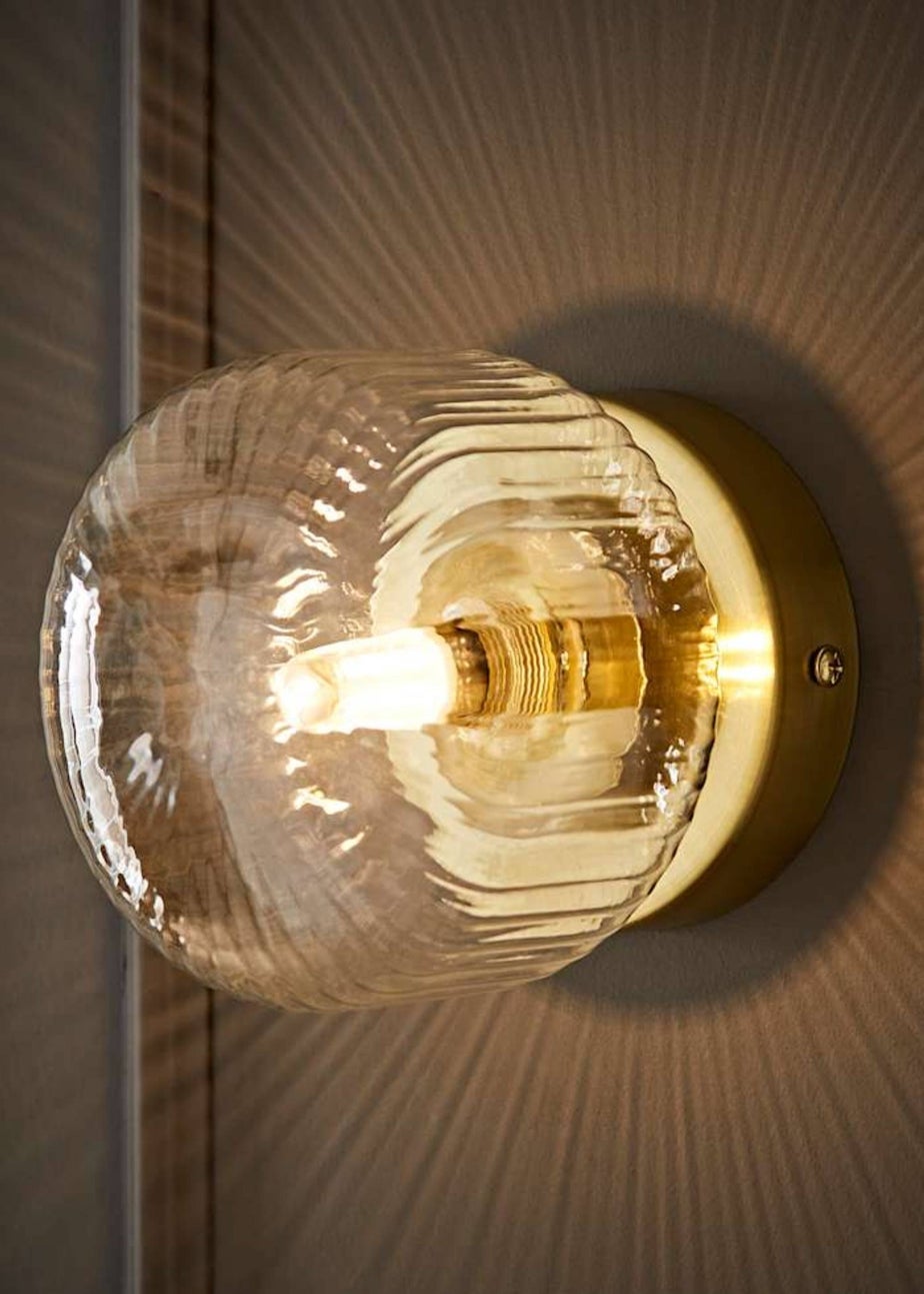 ValueLights Calpe Brushed Gold Flush Wall Light Ribbed Clear Shade