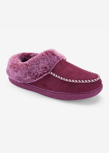 Cotton Traders Burgundy Moccasin Faux Fur Collar Slippers
