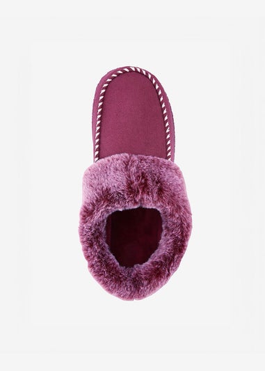 Cotton Traders Burgundy Moccasin Faux Fur Collar Slippers