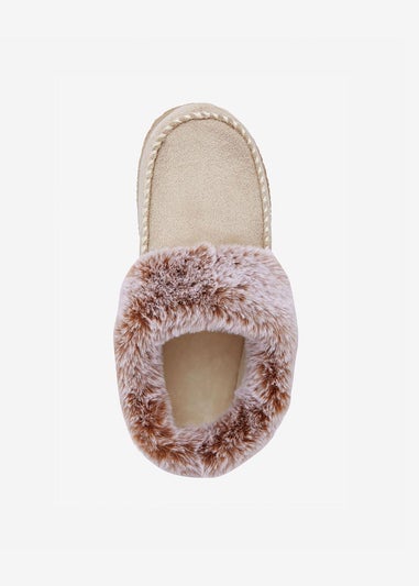 Cotton Traders Parchment Moccasin Faux Fur Collar Slippers