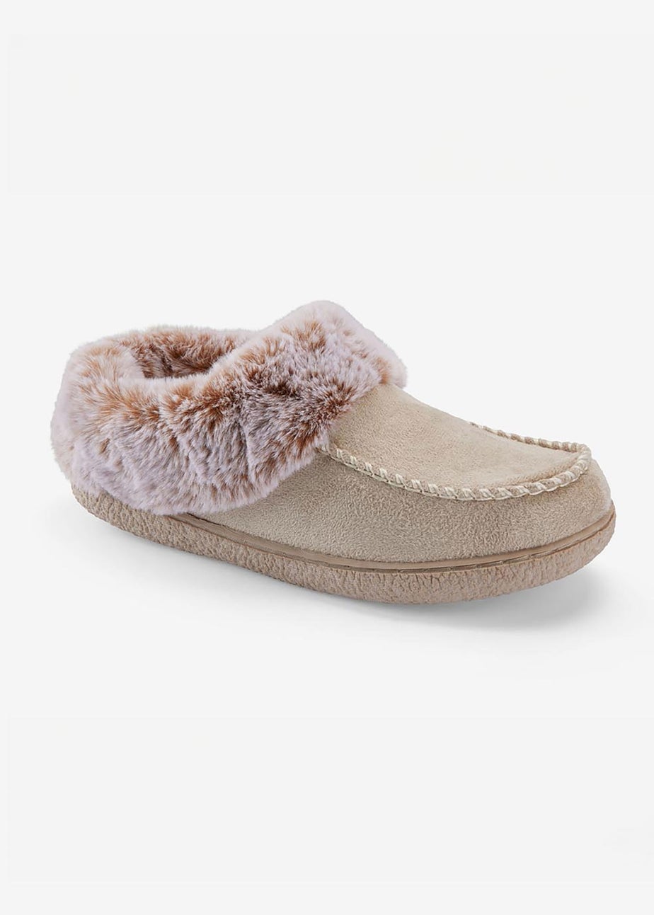 Cotton Traders Parchment Moccasin Faux Fur Collar Slippers