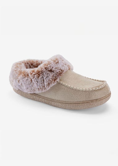 Cotton Traders Parchment Moccasin Faux Fur Collar Slippers