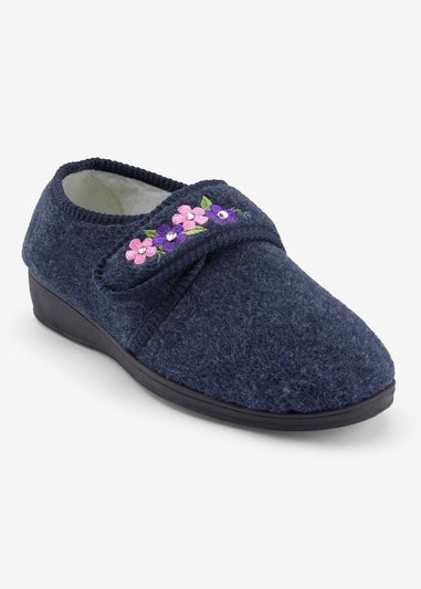 Cotton Traders Navy Adjustable Embroidery Slippers