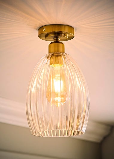 ValueLights Cheltenham Gold Flush Ceiling Light Ribbed Shade