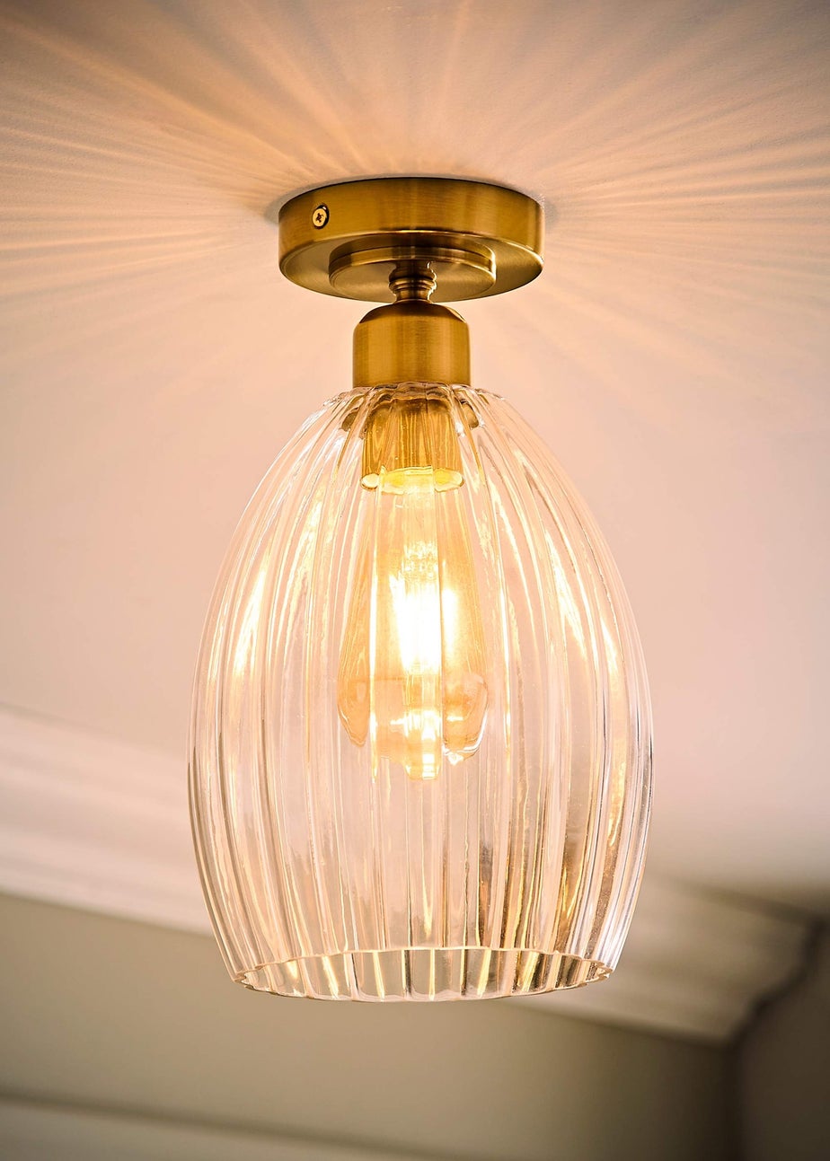 ValueLights Cheltenham Gold Flush Ceiling Light Ribbed Shade