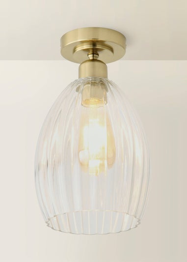 ValueLights Cheltenham Gold Flush Ceiling Light Ribbed Shade