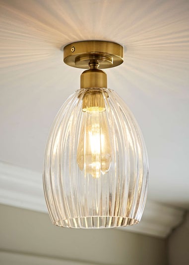 ValueLights Cheltenham Gold Flush Ceiling Light Ribbed Shade