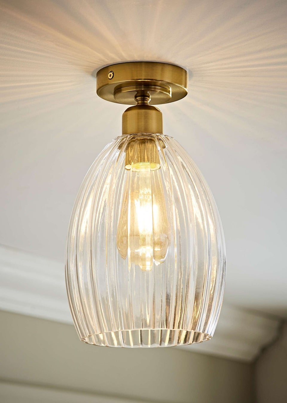 ValueLights Cheltenham Gold Flush Ceiling Light Ribbed Shade