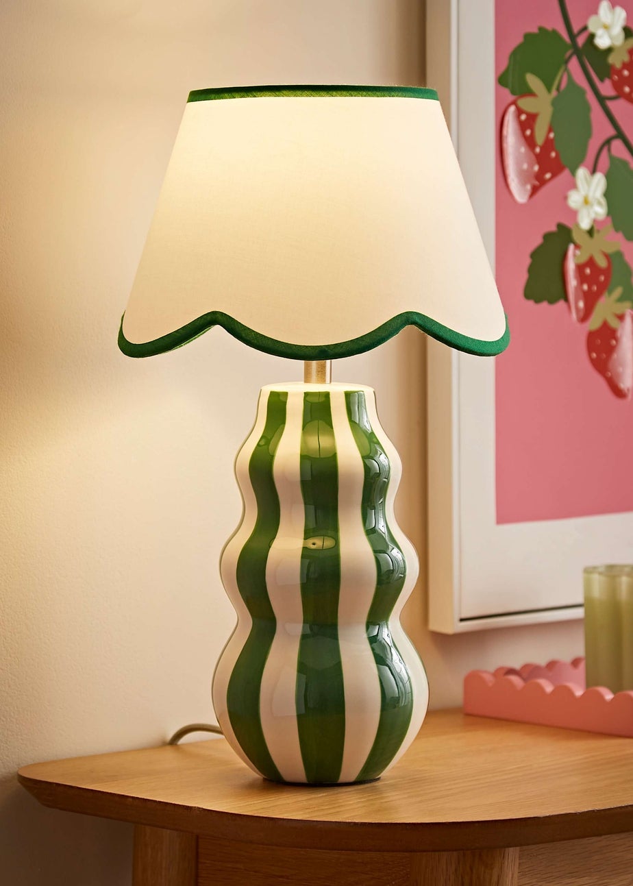 ValueLights Everie Green Stripe Table Lamp with Scallop Shade