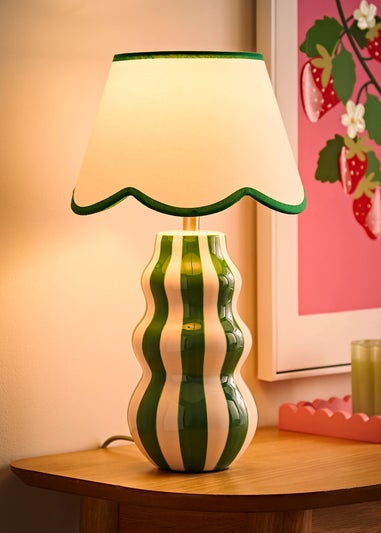 ValueLights Everie Green Stripe Table Lamp with Scallop Shade