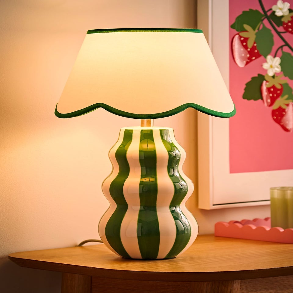 ValueLights Everie Green Stripe Table Lamp with Scallop Shade