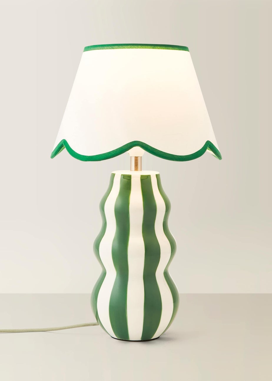 ValueLights Everie Green Stripe Table Lamp with Scallop Shade