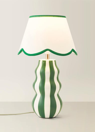 ValueLights Everie Green Stripe Table Lamp with Scallop Shade