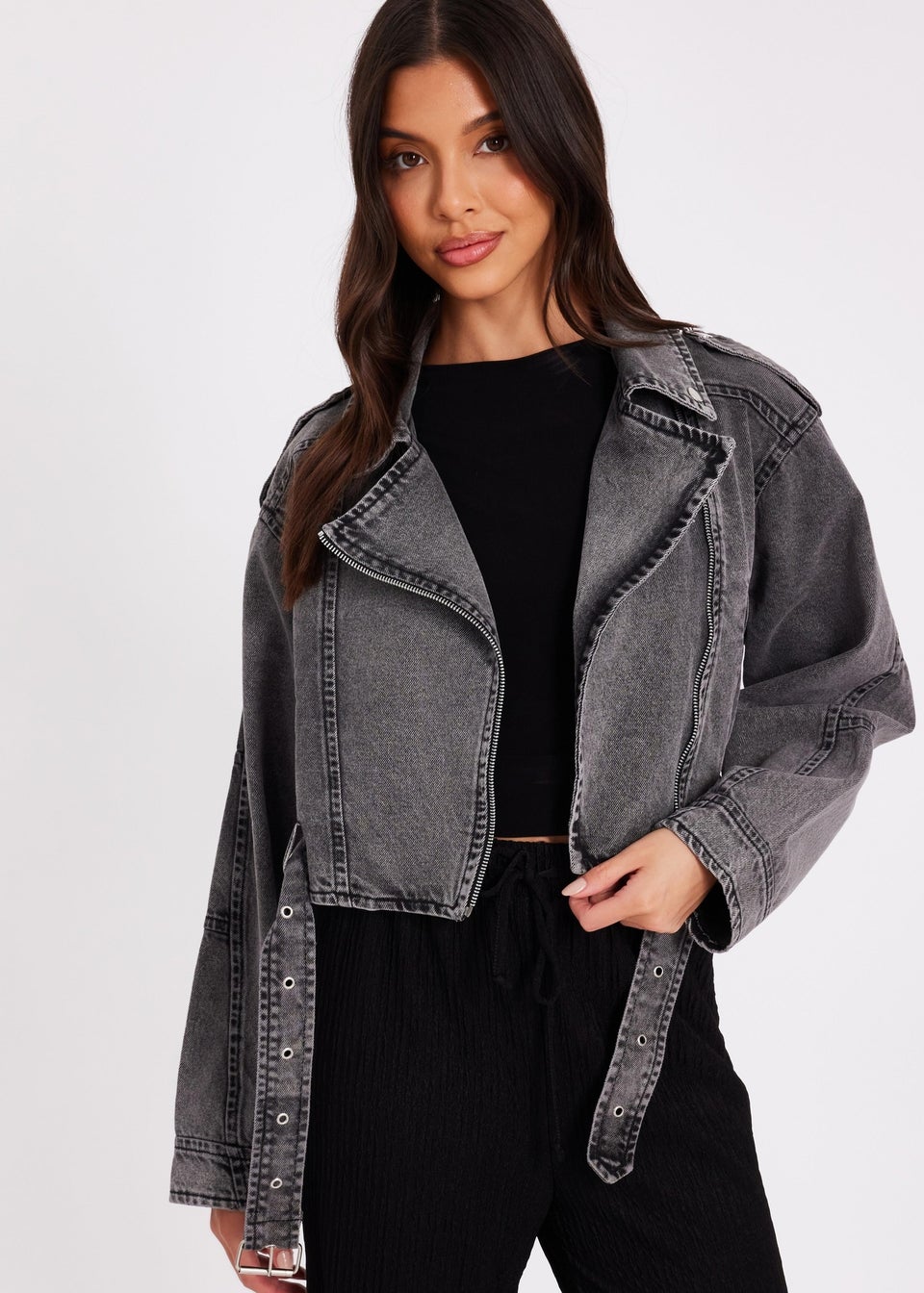 Quiz Grey Denim Biker Jacket