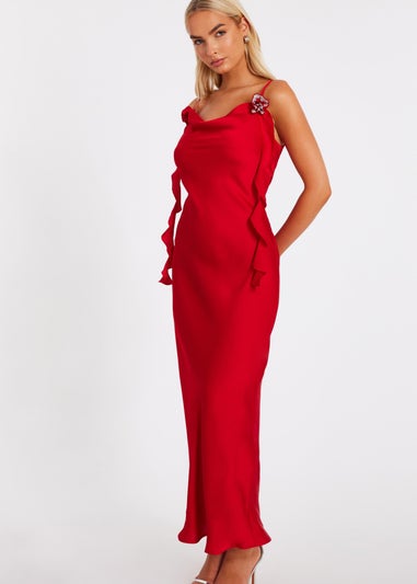 Quiz Red Satin Corsage Midaxi Dress