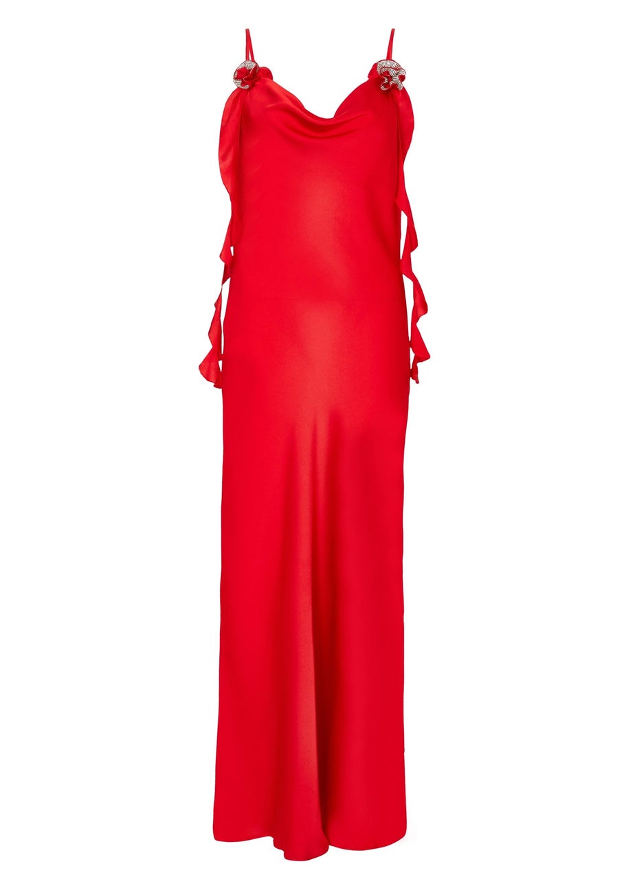 Quiz Red Satin Corsage Midaxi Dress