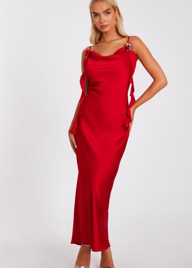 Quiz Red Satin Corsage Midaxi Dress
