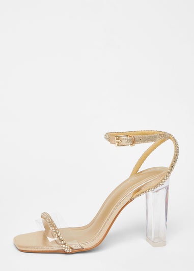 Quiz Gold Diamante Clear Block Heels
