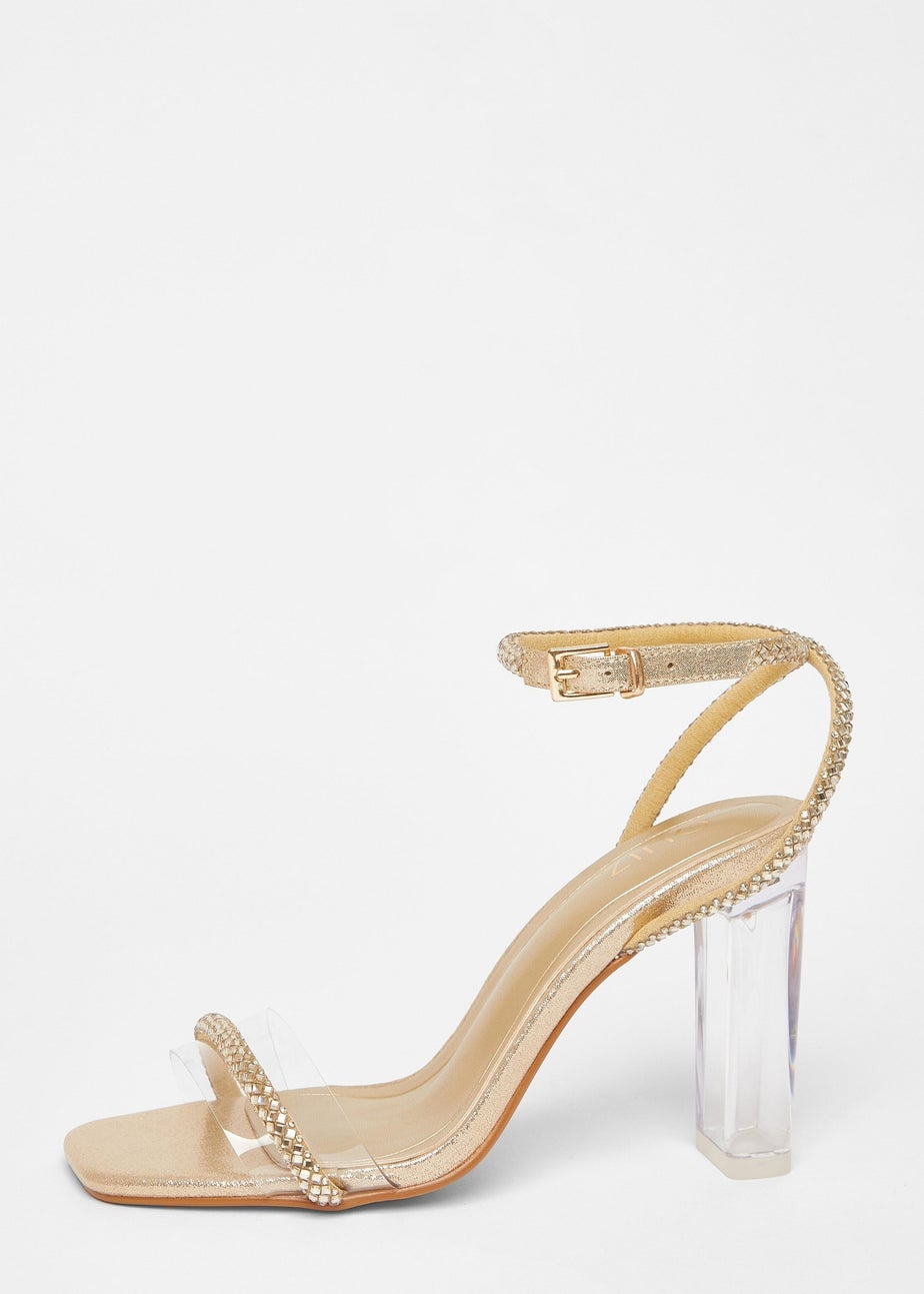 Quiz Gold Diamante Clear Block Heels