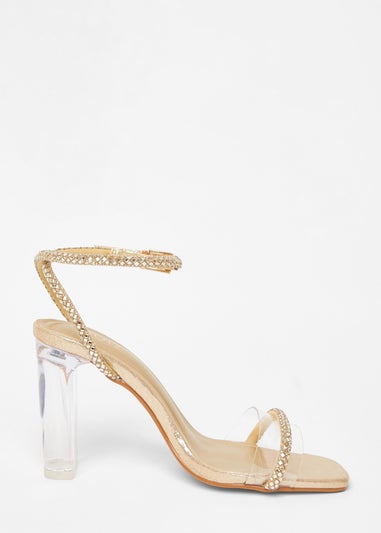 Quiz Gold Diamante Clear Block Heels