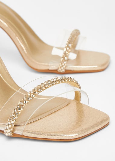 Quiz Gold Diamante Clear Block Heels