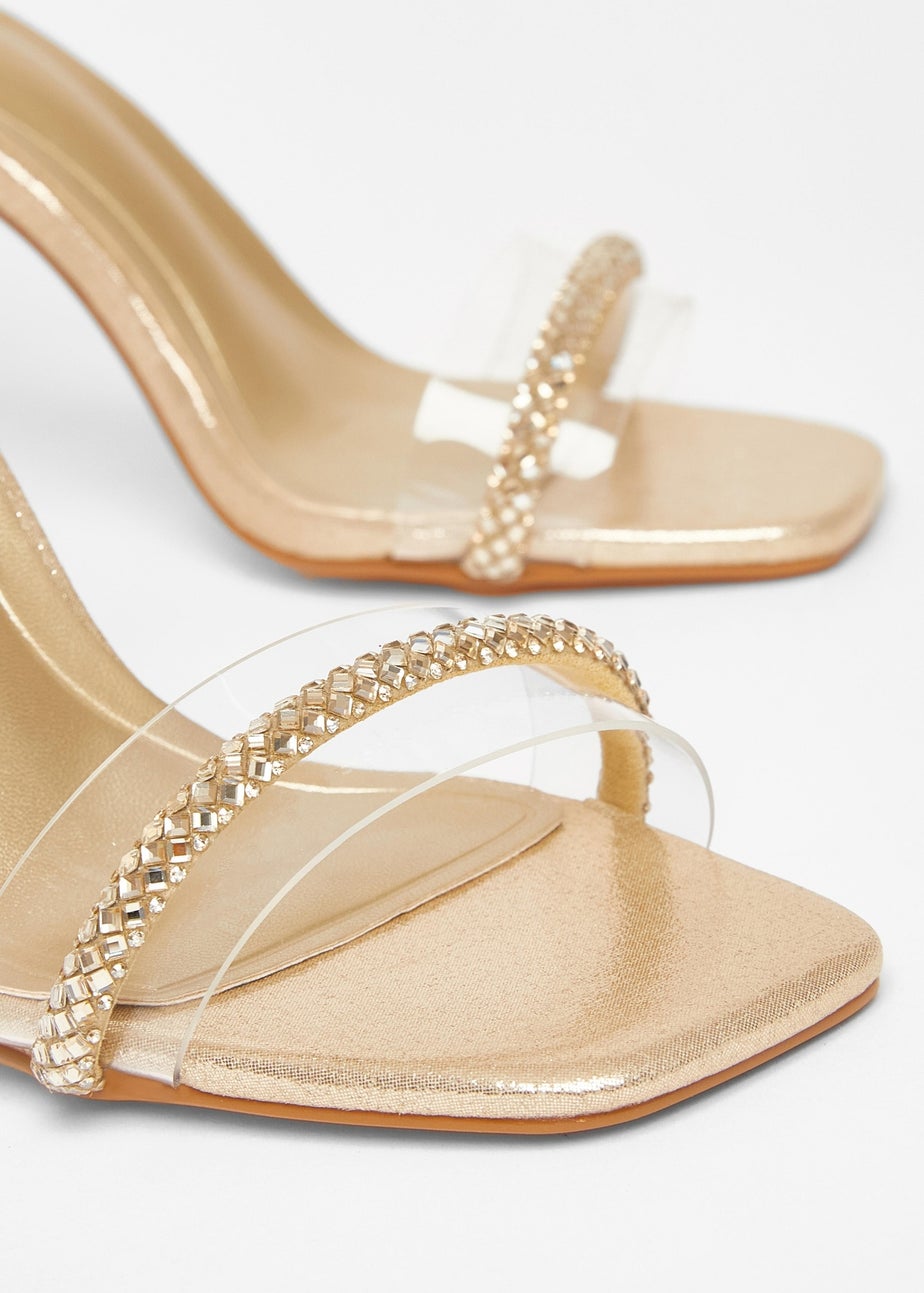 Quiz Gold Diamante Clear Block Heels