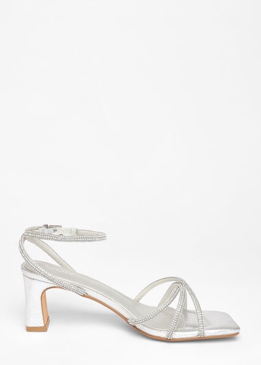 Quiz Silver Wide Fit Diamante Strap Block Heels