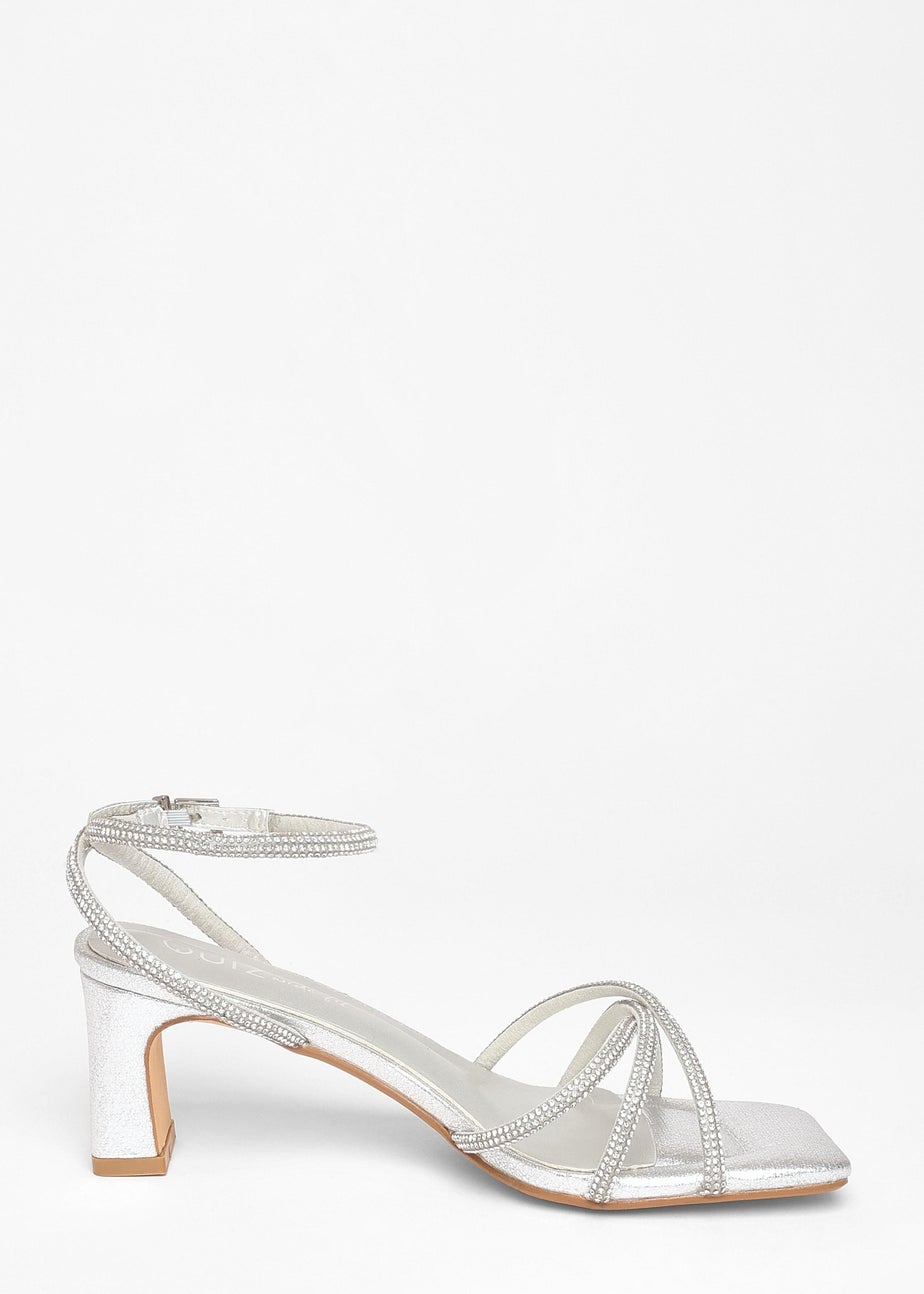 Quiz Silver Wide Fit Diamante Strap Block Heels