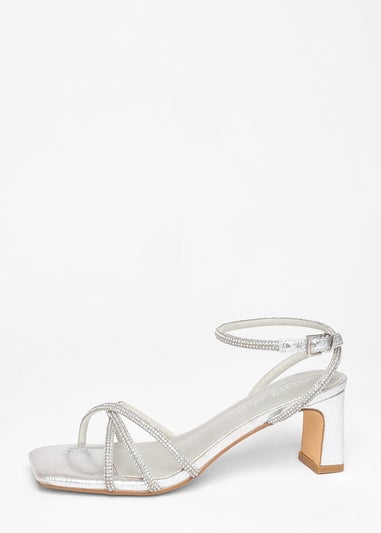 Quiz Silver Wide Fit Diamante Strap Block Heels