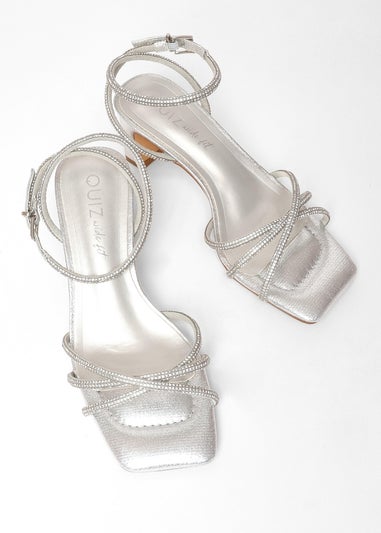 Quiz Silver Wide Fit Diamante Strap Block Heels