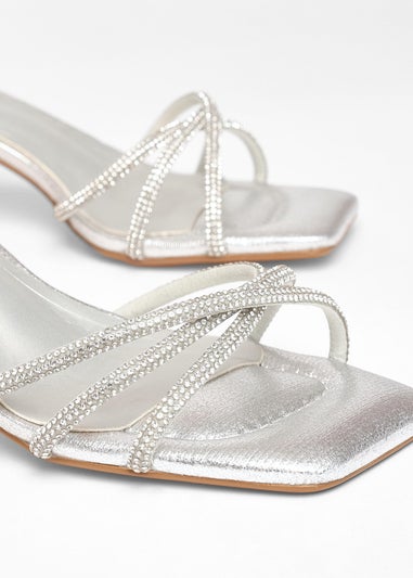 Quiz Silver Wide Fit Diamante Strap Block Heels