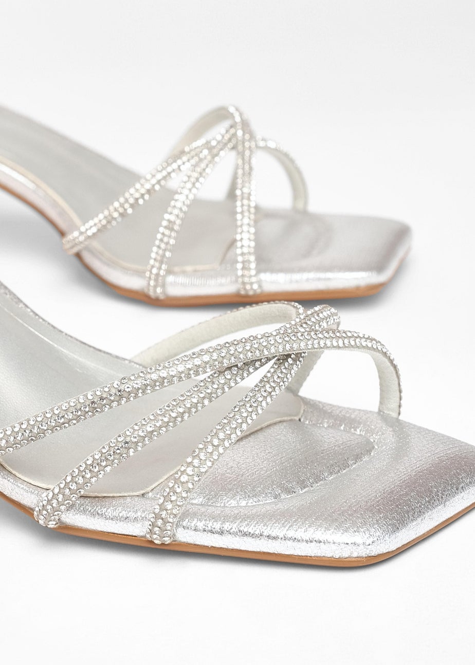 Quiz Silver Wide Fit Diamante Strap Block Heels
