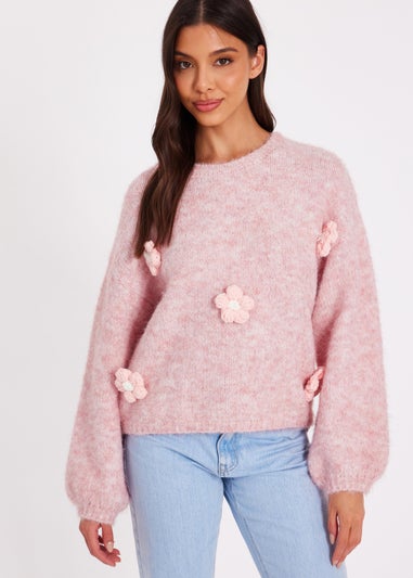 Quiz Pink Knitted Floral Jumper