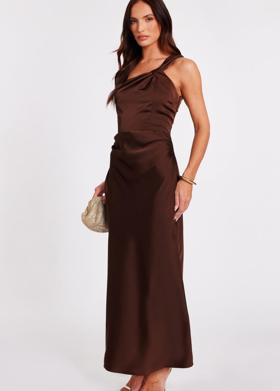 Quiz Brown Satin One Shoulder Midaxi Dress