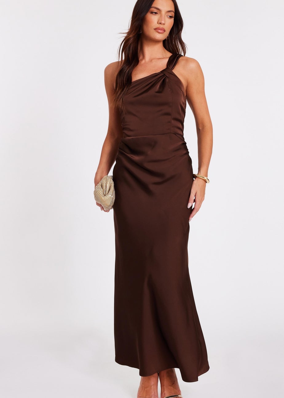 Quiz Brown Satin One Shoulder Midaxi Dress