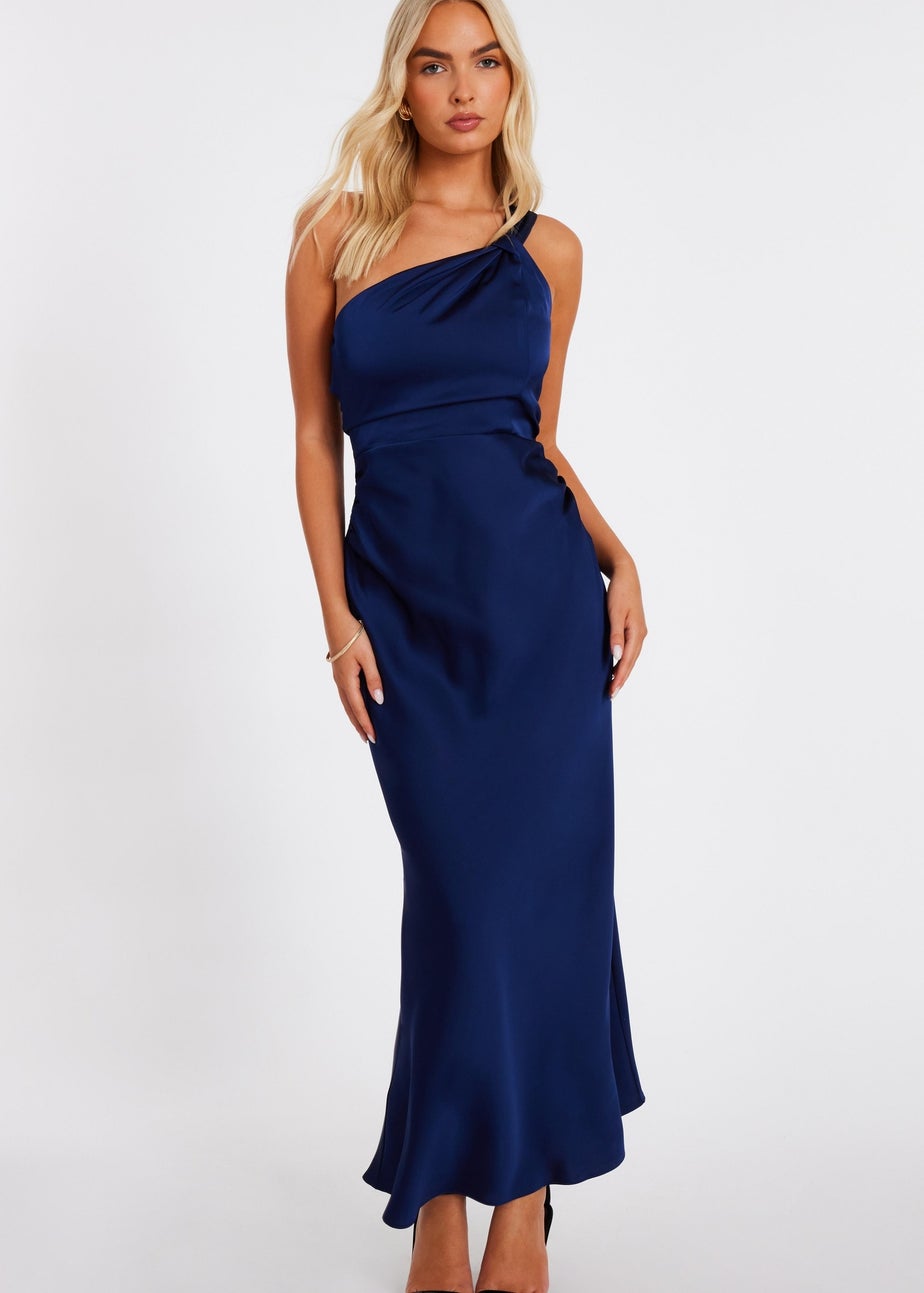 Quiz Navy Satin One Shoulder Midaxi Dress