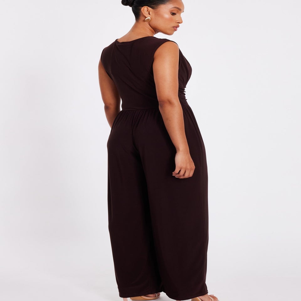 Quiz Brown Petite Ruched Wide Leg Jumpsuit
