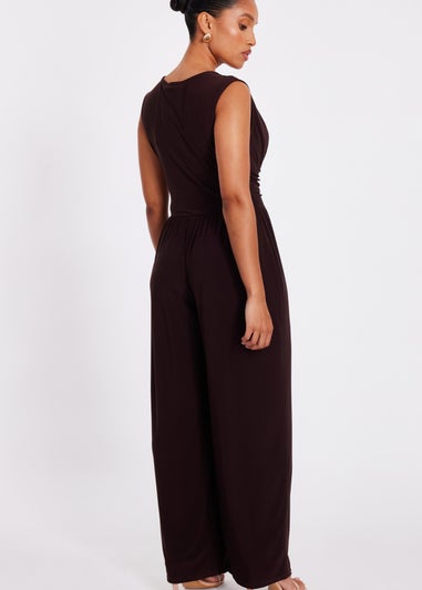 Quiz Brown Petite Ruched Wide Leg Jumpsuit