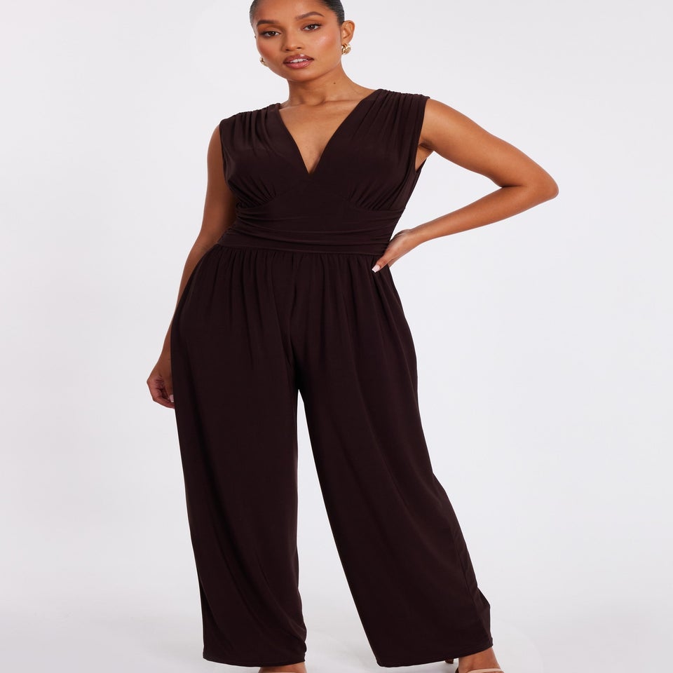 Quiz Brown Petite Ruched Wide Leg Jumpsuit