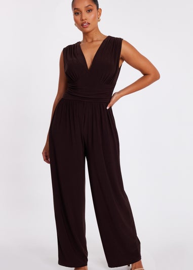 Quiz Brown Petite Ruched Wide Leg Jumpsuit