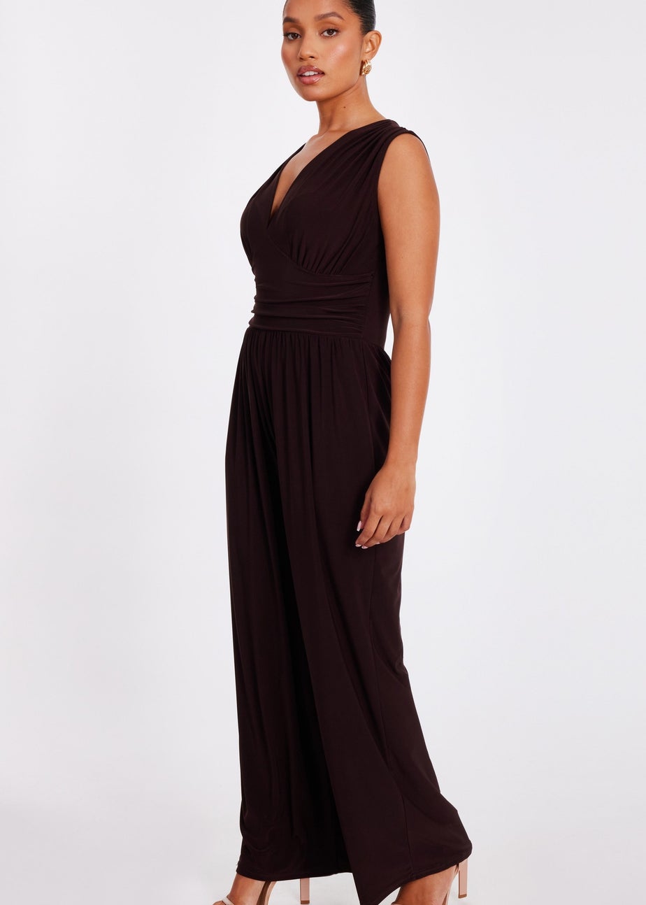 Quiz Brown Petite Ruched Wide Leg Jumpsuit