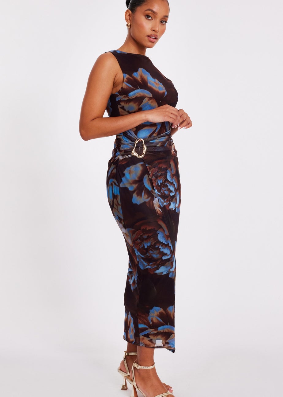 Quiz Brown Petite Floral Mesh Midaxi Dress