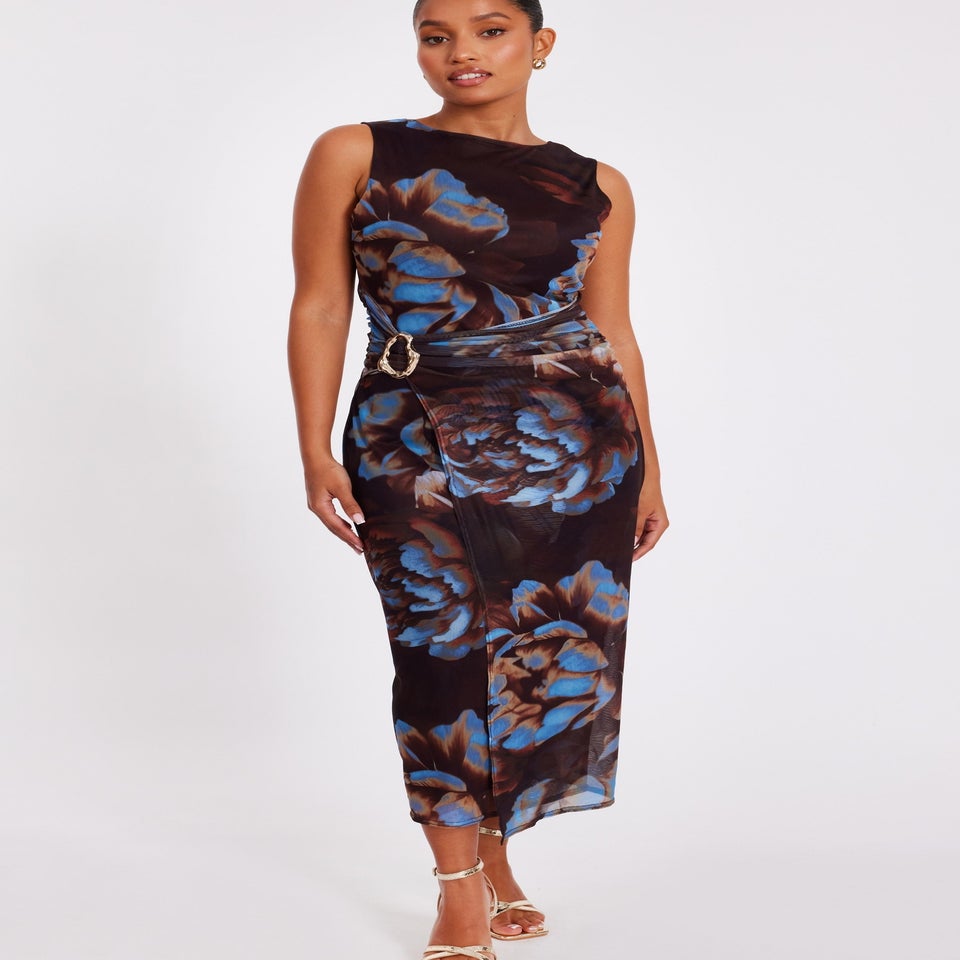 Quiz Brown Petite Floral Mesh Midaxi Dress