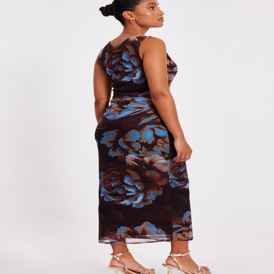 Quiz Brown Petite Floral Mesh Midaxi Dress